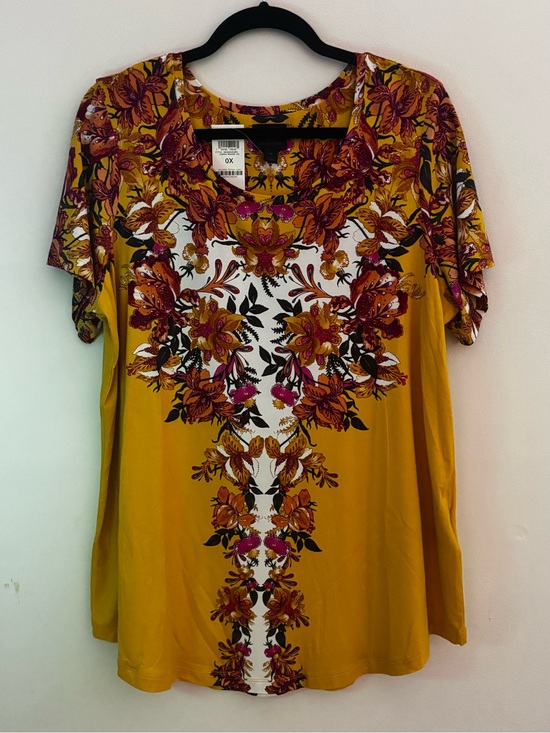 JM Collection Tops - OX NWT - JM Collection Mustard Floral Scoop Neck Short Sleeve Top
